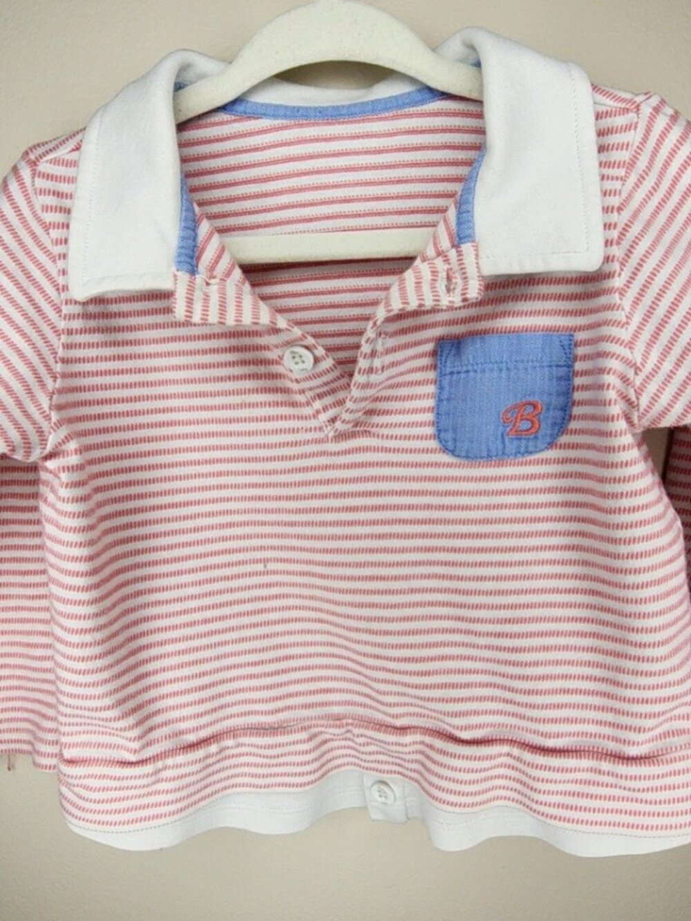 Bbebaby Striped Polo Shirt — Pink/White, Size 90 (18-24M) | Cotton Collared Top